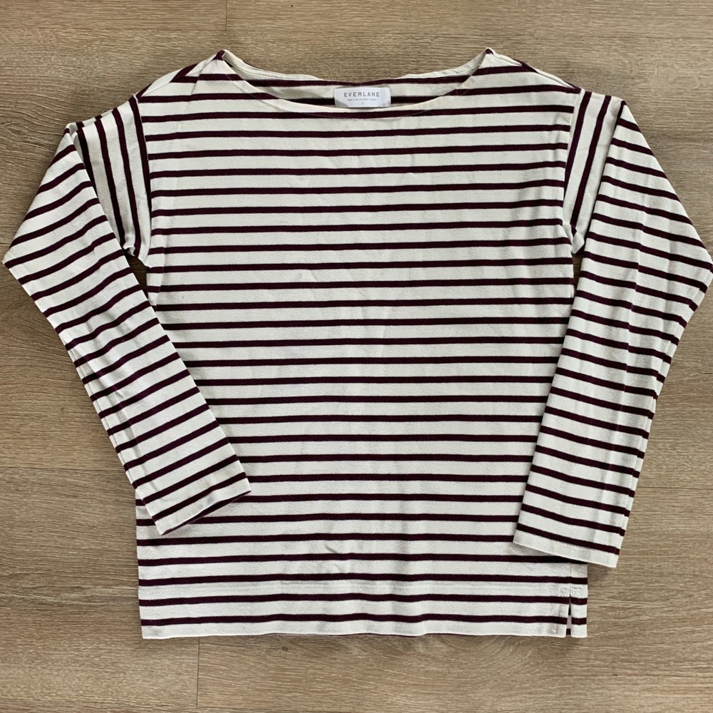 Everlane Womens Striped Boatneck Long Sleeve Cotton Tee Burgundy Cream Small